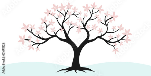 Asian background with beautiful pink sakura blossom tree in silhouette, a symbol of japan, losing its petals in the wind.