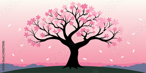 Asian background with beautiful pink sakura blossom tree in silhouette, a symbol of japan, losing its petals in the wind.