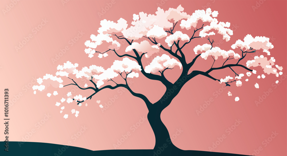 Fototapeta premium Stylized sakura tree with white flowers blooming on a pink background, evoking a sense of tranquility and the beauty of nature. Asian background with cherry blossom tree in silhouette.