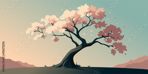 Asian background with sakura blossom tree in silhouette. Minimalist vector illustration featuring a stylized tree with white flowers growing on a pink background