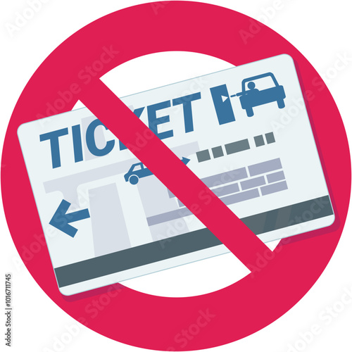Toll ticket with a circular red strikethrough prohibition symbol in flat design style (cut out)