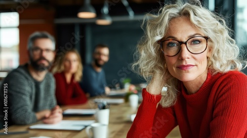 A confident, mature woman with glasses at a meeting, dressed in a red sweater, surrounded by team members at a modern corporate office table. photo