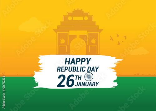 Happy Republic Day India! Social media post and flyer template for 26th January celebrations featuring tricolor origami birds and Ashoka Chakra. Perfect for greeting cards
