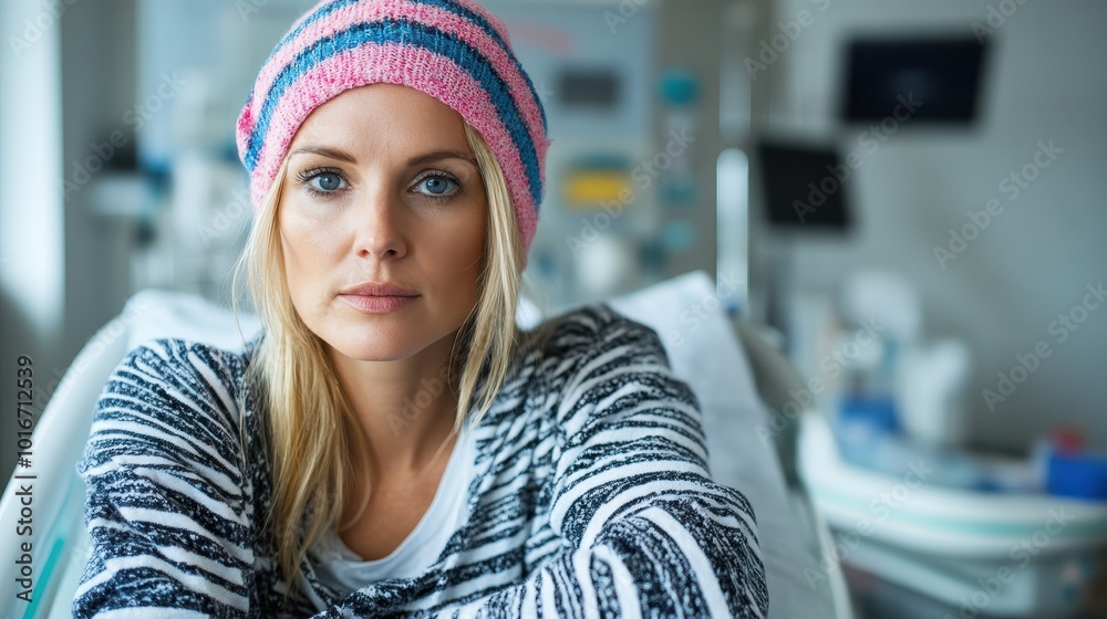 A woman with a contemplative expression sits in a hospital bed, adorned with a striped knit hat, symbolizing strength and vulnerability in a medical environment. A woman with a contemplative expression sits in a hospital bed, adorned with a striped knit hat, symbolizing strength and vulnerability in a medical environment.