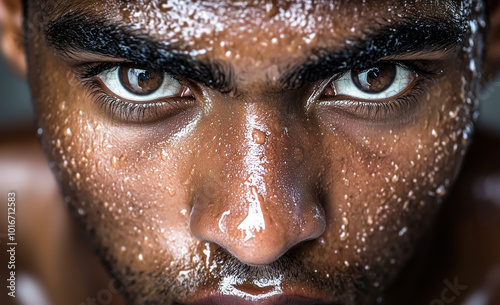 A close-up of an athlete's face, glistening with sweat, captures the intensity of their determination.