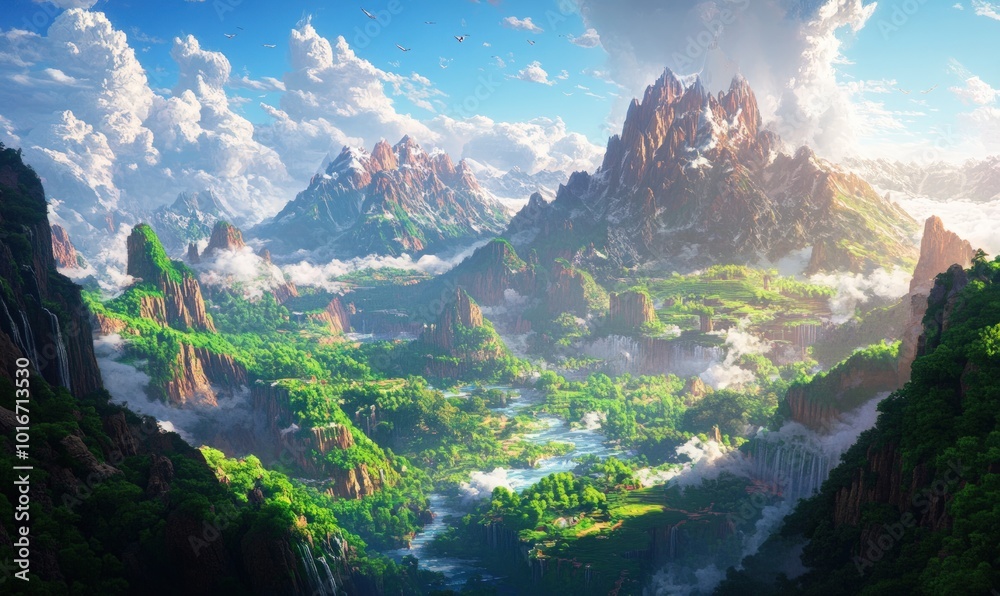 Naklejka premium Majestic mountain range with lush valley and clouds.
