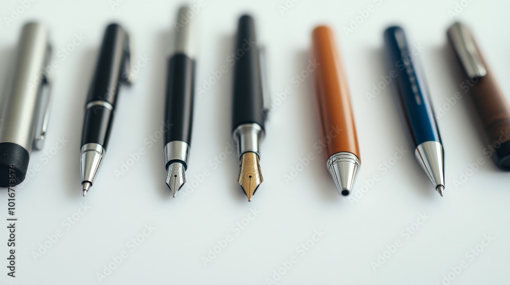 A close-up of various writing pens arranged neatly on a white background, showcasing diverse styles and materials, perfect for office concepts. A close-up of various writing pens arranged neatly on a white background, showcasing diverse styles and materials, perfect for office concepts.