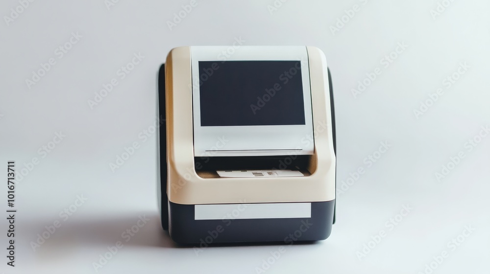 A compact, modern desktop printer with a sleek design, featuring a digital display, perfect for home or office use. A compact, modern desktop printer with a sleek design, featuring a digital display, perfect for home or office use.