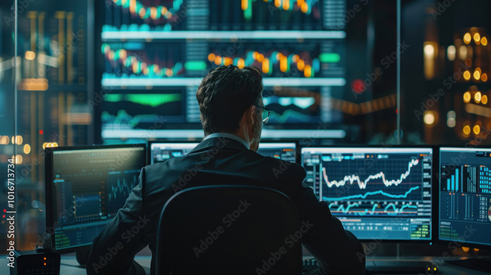 A stockbroker tracking stock performance on a trading platform, with charts and graphs illustrating market trends. A stockbroker tracking stock performance on a trading platform, with charts and graphs illustrating market trends.