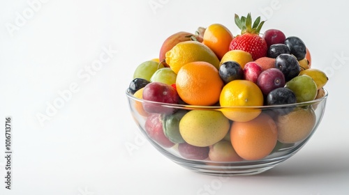 A colorful assortment of fresh fruit in a clear glass bowl against a white background, including oranges, berries, and apples.