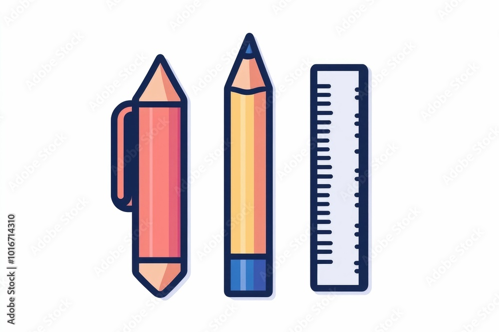 Minimalist icon featuring a simple grouping of common office and school supply items   a pencil  ruler  and eraser   with a clean  isolated style on a white background
