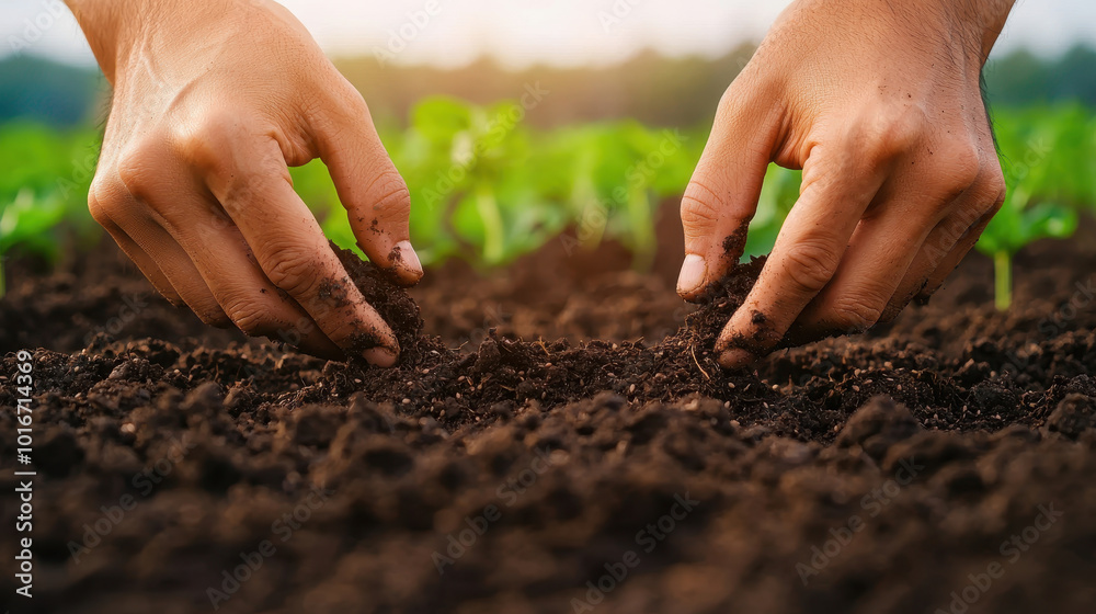 Planting seeds in fertile soil, hands gently working earth, symbolizes growth and sustainability in agriculture. This captures essence of nurturing nature Planting seeds in fertile soil, hands gently working earth, symbolizes growth and sustainability in agriculture. This captures essence of nurturing nature