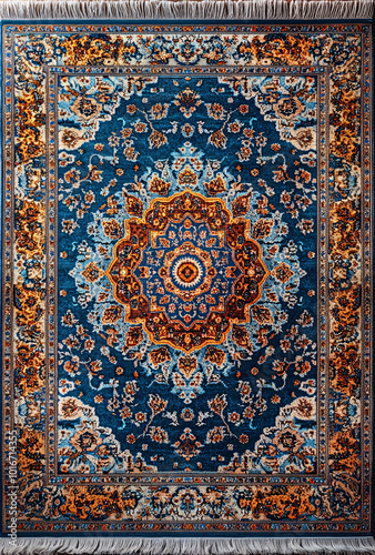 Persian rug with blue and orange floral medallion