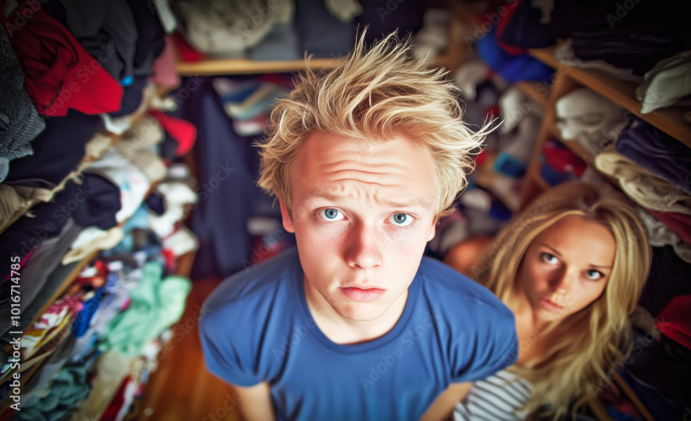 A blonde man with tousled hair, sporting a blue t-shirt, gazes directly at the camera amidst the chaos of a cluttered closet. Behind him, a bewildered blonde woman observes the scene.
A blonde man with tousled hair, sporting a blue t-shirt, gazes directly at the camera amidst the chaos of a cluttered closet. Behind him, a bewildered blonde woman observes the scene.