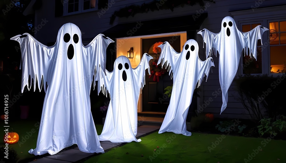 Naklejka premium Four glowing ghost decorations stand on a walkway in front of a house at night