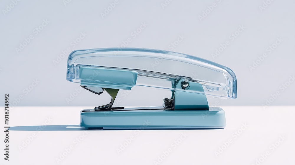 A minimalist blue stapler on a white surface, with clear acrylic cover, under natural lighting, showcasing simplicity and functionality. A minimalist blue stapler on a white surface, with clear acrylic cover, under natural lighting, showcasing simplicity and functionality.