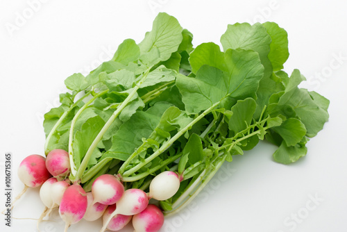 A plate of food with radish, greens and vegetables. Green fresh healthy concept. Greenery and radish with food on white. Greens and radish with greens in a white with lifestyle food.