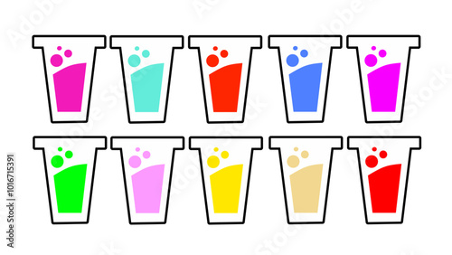 Set of drink cup icons with colorful flavors, street food stickers element , isolated on white background, vector illustration