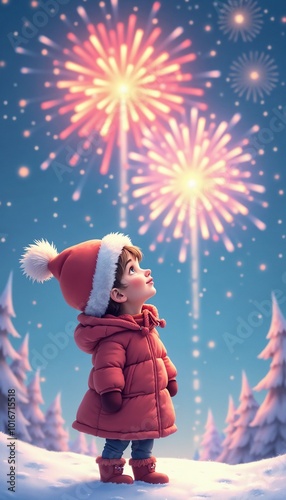 Awestruck child with wonder-filled gaze marveling at colorful fireworks display against snowy winter backdrop