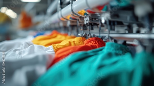 A row of automated sewing machines stitch colorful textiles in a modern factory setting, highlighting the seamless blend of technology and traditional craftsmanship. photo