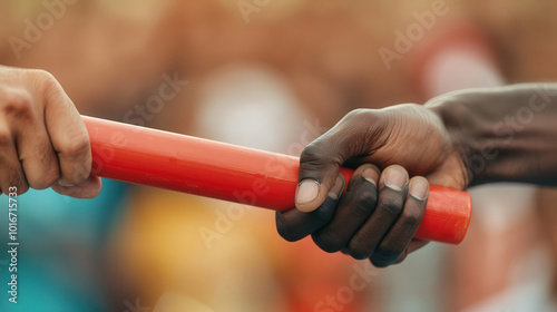 Baton Exchange in Relay Race, dynamic interaction highlighted by enthusiastic crowd, vibrant atmosphere filled with excitement and anticipation during a competitive event