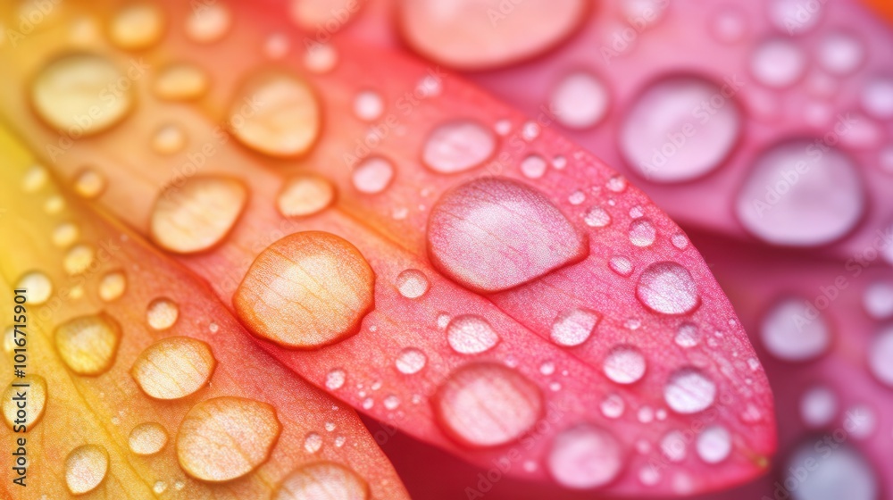 Vibrant Raindrops on Flower Petal, a close-up view showcasing colorful droplets resting on a delicate petal, surrounded by a softly blurred backdrop, perfect for nature-inspired settings. Vibrant Raindrops on Flower Petal, a close-up view showcasing colorful droplets resting on a delicate petal, surrounded by a softly blurred backdrop, perfect for nature-inspired settings.