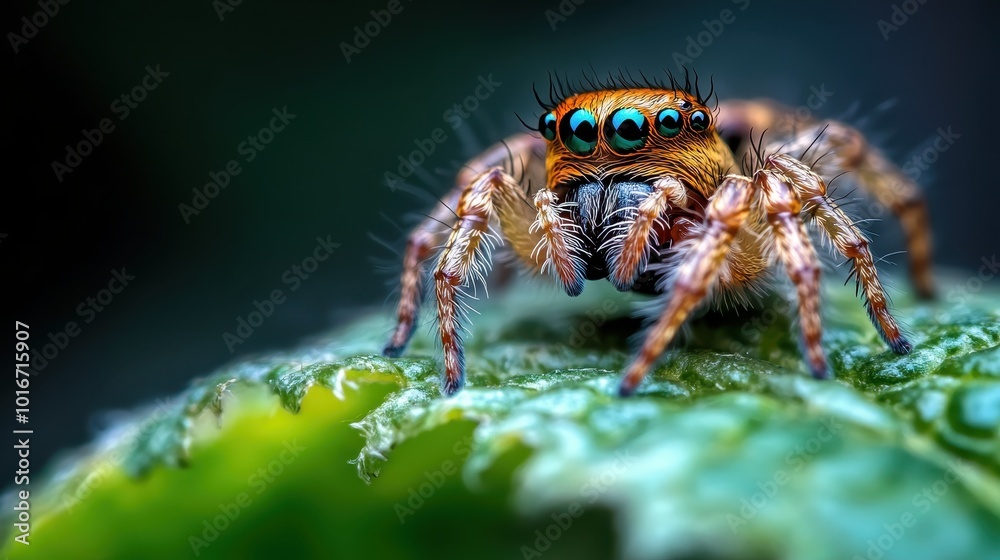 A close-up macro captures a fuzzy spider with an intricate orange-black pattern on its body, standing on a vibrant green leaf, showcasing its unique beauty. A close-up macro captures a fuzzy spider with an intricate orange-black pattern on its body, standing on a vibrant green leaf, showcasing its unique beauty.