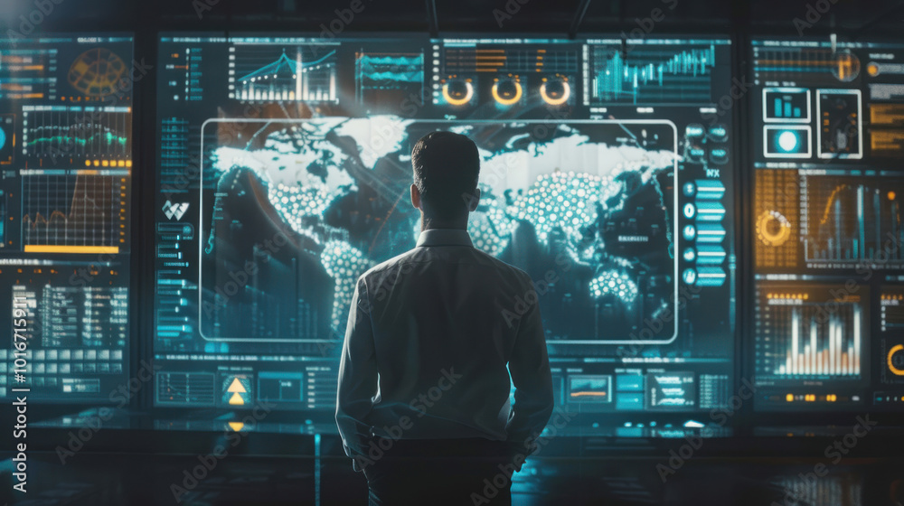 A successful business leader standing in front of a digital screen showcasing their company's global success, with charts and graphs illustrating growth. A successful business leader standing in front of a digital screen showcasing their company's global success, with charts and graphs illustrating growth.