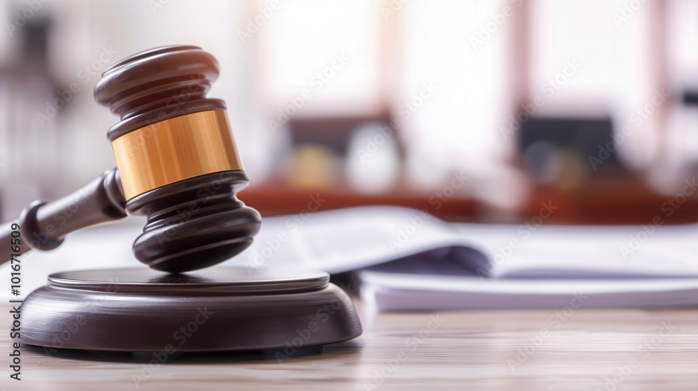Gavel resting on a desk, surrounded by blurred legal documents, symbolizing the pursuit of justice and the intricacies of the law and legislative processes Gavel resting on a desk, surrounded by blurred legal documents, symbolizing the pursuit of justice and the intricacies of the law and legislative processes