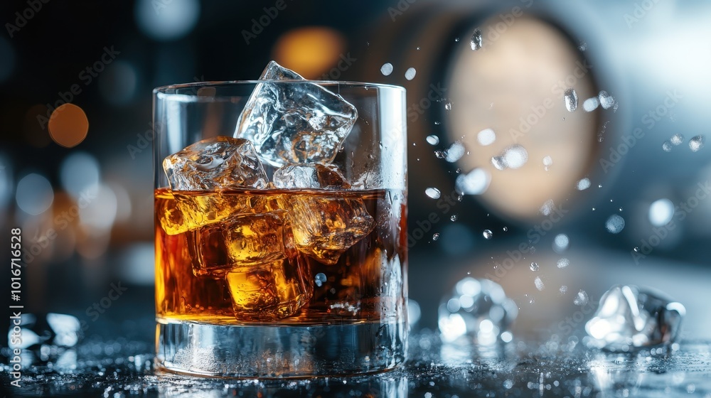 A glass of amber whiskey with ice cubes splashing around, set against a reflective wet surface with soft focus lights in the background. A glass of amber whiskey with ice cubes splashing around, set against a reflective wet surface with soft focus lights in the background.