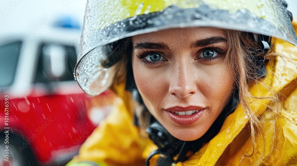 A determined firefighter in a rain-soaked yellow suit and helmet, emphasizing resilience and dedication, with a red fire truck in the background under heavy rain. A determined firefighter in a rain-soaked yellow suit and helmet, emphasizing resilience and dedication, with a red fire truck in the background under heavy rain.