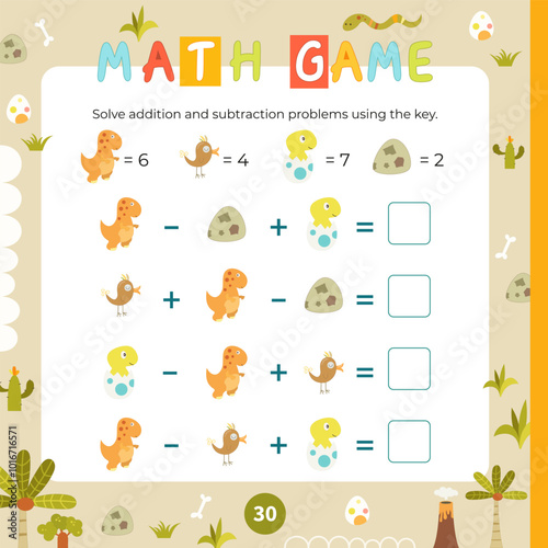 Cute  dinosaurs activities for kids. Solve arithmetic problems using the key. Vector illustration. Dino Book square format. Math game for learning counting.