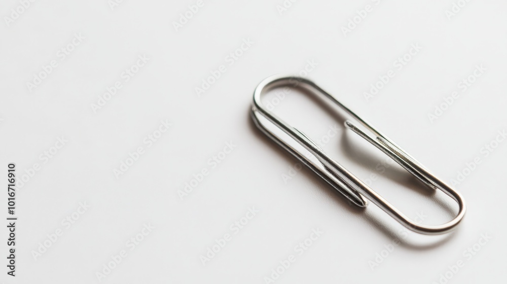 A simple silver paperclip rests on a clean white surface, showcasing minimalism and functionality in office supplies. A simple silver paperclip rests on a clean white surface, showcasing minimalism and functionality in office supplies.