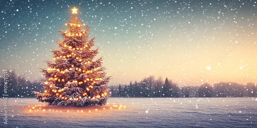 Christmas Tree with Gold Lights and Snowfall in Forest. 2025, 2026 2027 Golden Xmas or New Year Eve Flyer with Space for Product. Minimalist Happy New Year Christmas Background. Serene 3D Winter. Christmas Tree with Gold Lights and Snowfall in Forest. 2025, 2026 2027 Golden Xmas or New Year Eve Flyer with Space for Product. Minimalist Happy New Year Christmas Background. Serene 3D Winter.