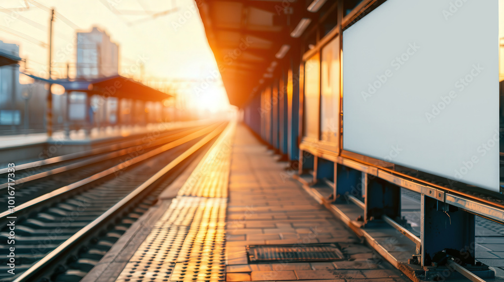 Empty railway platform under soft morning light, inviting blank billboard ready for new advertisements, serene atmosphere, spacious and clear surroundings for creative potential
