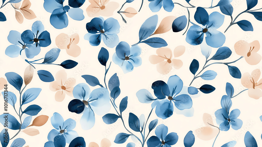 © watcharee - A beautiful floral pattern featuring blue and peach flowers with green leaves on a soft background. © watcharee - A beautiful floral pattern featuring blue and peach flowers with green leaves on a soft background.