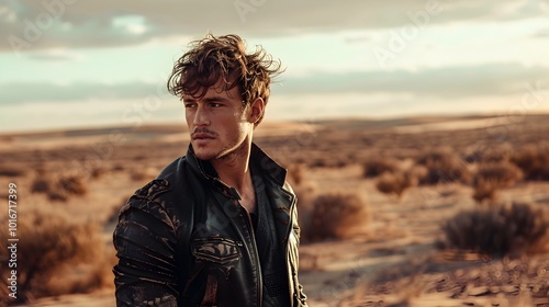 Ruggedly Handsome Man in Windswept Desert Landscape Wearing Leather Jacket