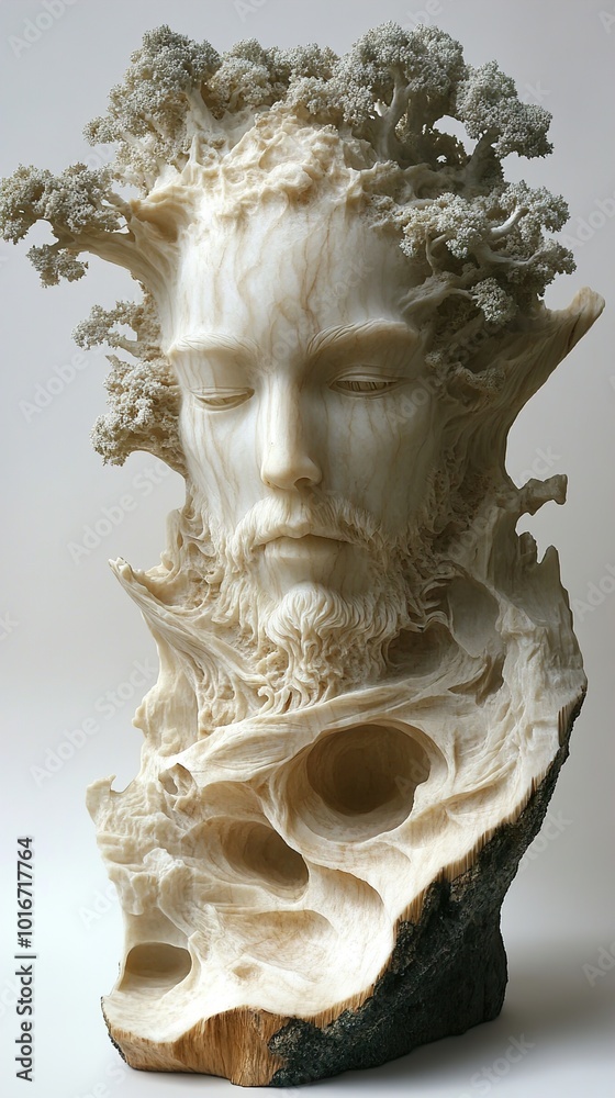 Intricate Wood Carving Sculpture of a Human Face with a Tree Growing Out of It Intricate Wood Carving Sculpture of a Human Face with a Tree Growing Out of It
