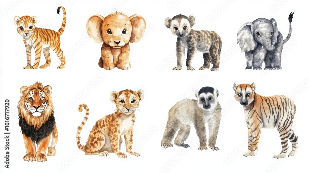 Obraz premium Collection of watercolor illustrations featuring a variety of wild animals in realistic poses