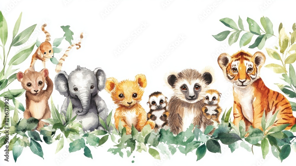 Naklejka premium Group of baby jungle animals is sitting in the tropical vegetation