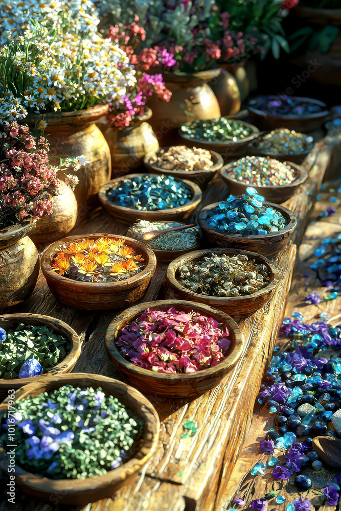 Fototapeta premium Herbal remedies on a wooden table with dried flowers and healing stones, 3D illustration