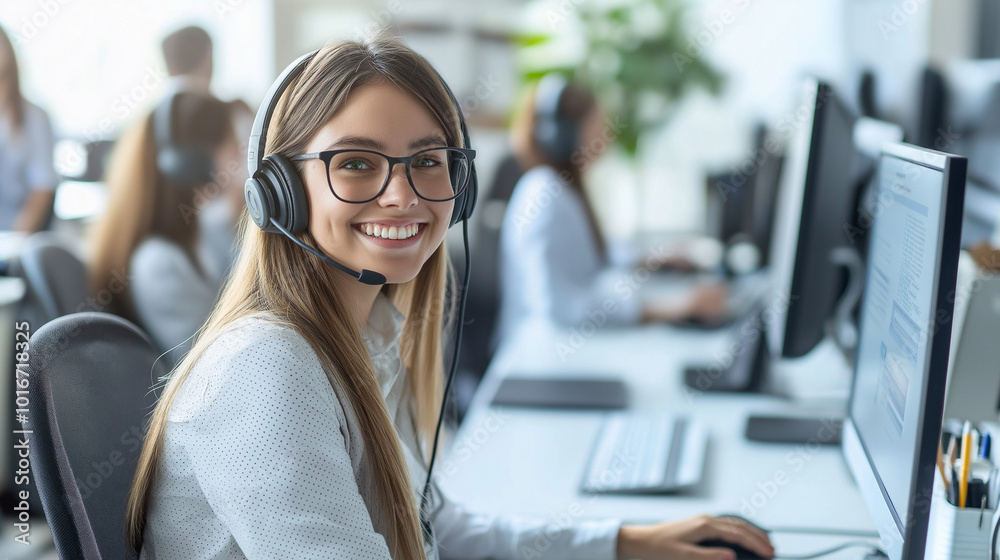 A happy female call center agent or receptionist with headset speaking, counseling, working in office. assist, telemarketing, customer support operator, representative concept.	