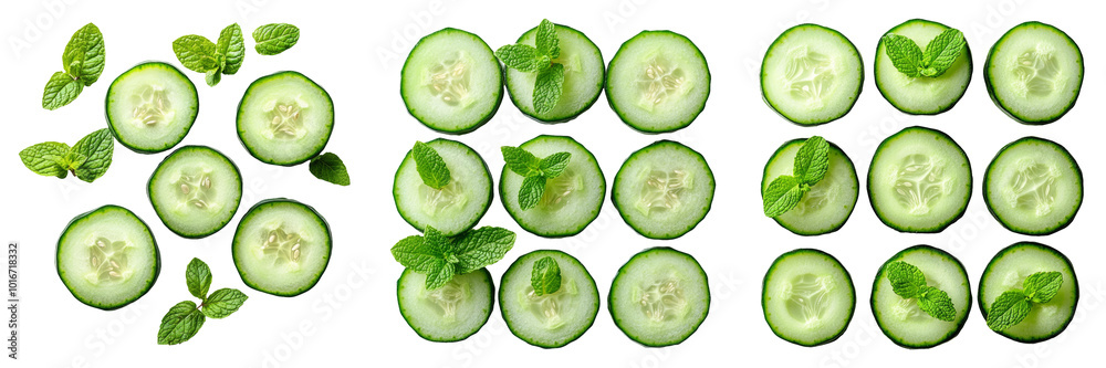 Assorted fresh cucumber slices with mint leaves isolated on transparent background food PNG for healthy diet illustrations or ingredient designs Assorted fresh cucumber slices with mint leaves isolated on transparent background food PNG for healthy diet illustrations or ingredient designs