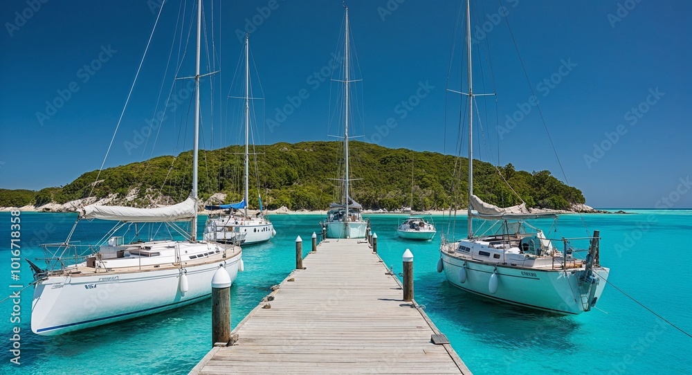 Fototapeta premium Island dock with sailboats and turquoise waters