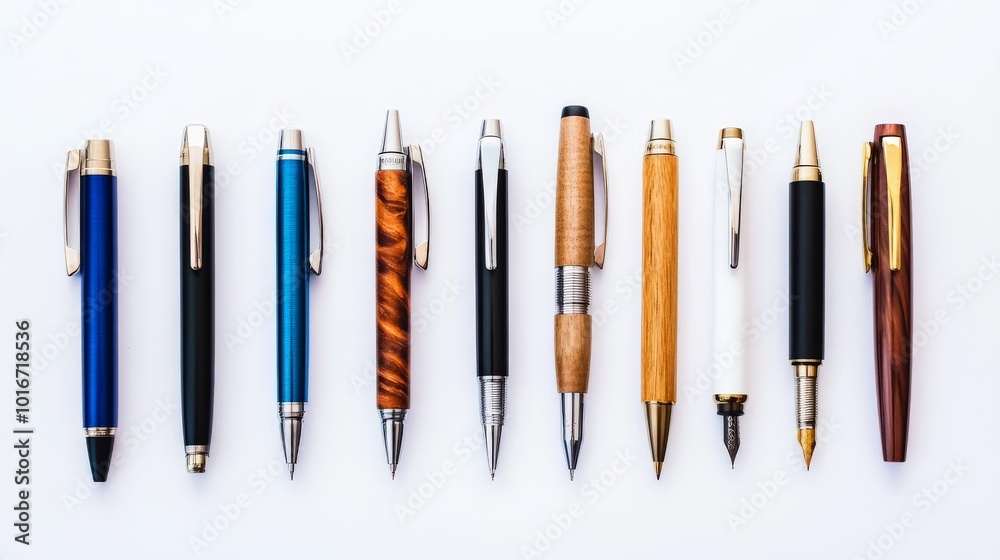 A variety of pens arranged in a line on a white background. Includes ballpoint, fountain, and gel pens of different colors and materials. A variety of pens arranged in a line on a white background. Includes ballpoint, fountain, and gel pens of different colors and materials.