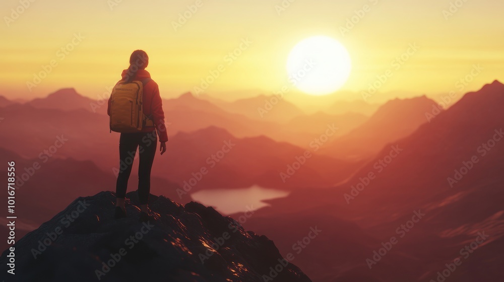 Fototapeta premium A hiker gazes at a sunset over mountains, capturing a moment of reflection and adventure.