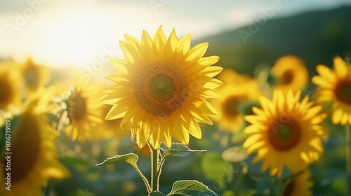 A close-up of a sunflower in a field of sunflowers, backlit by the setting sun.