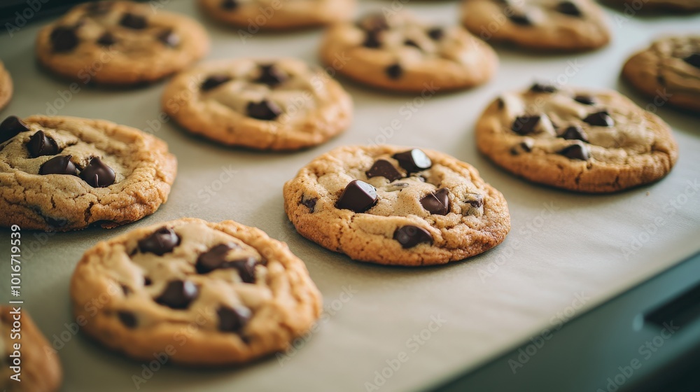 A tray of chocolate chip cookies. The cookies are on a white surface. A tray of chocolate chip cookies. The cookies are on a white surface.
