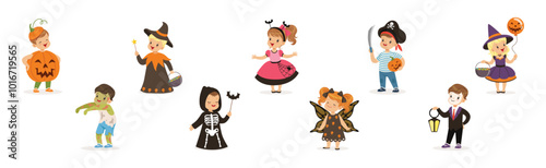 Cute Children in Halloween Costume Celebrate Holiday Vector Set