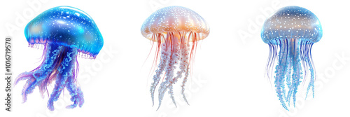 Colorful jellyfish illustrations isolated on transparent background graphic PNG for underwater themed designs or marine life illustrations